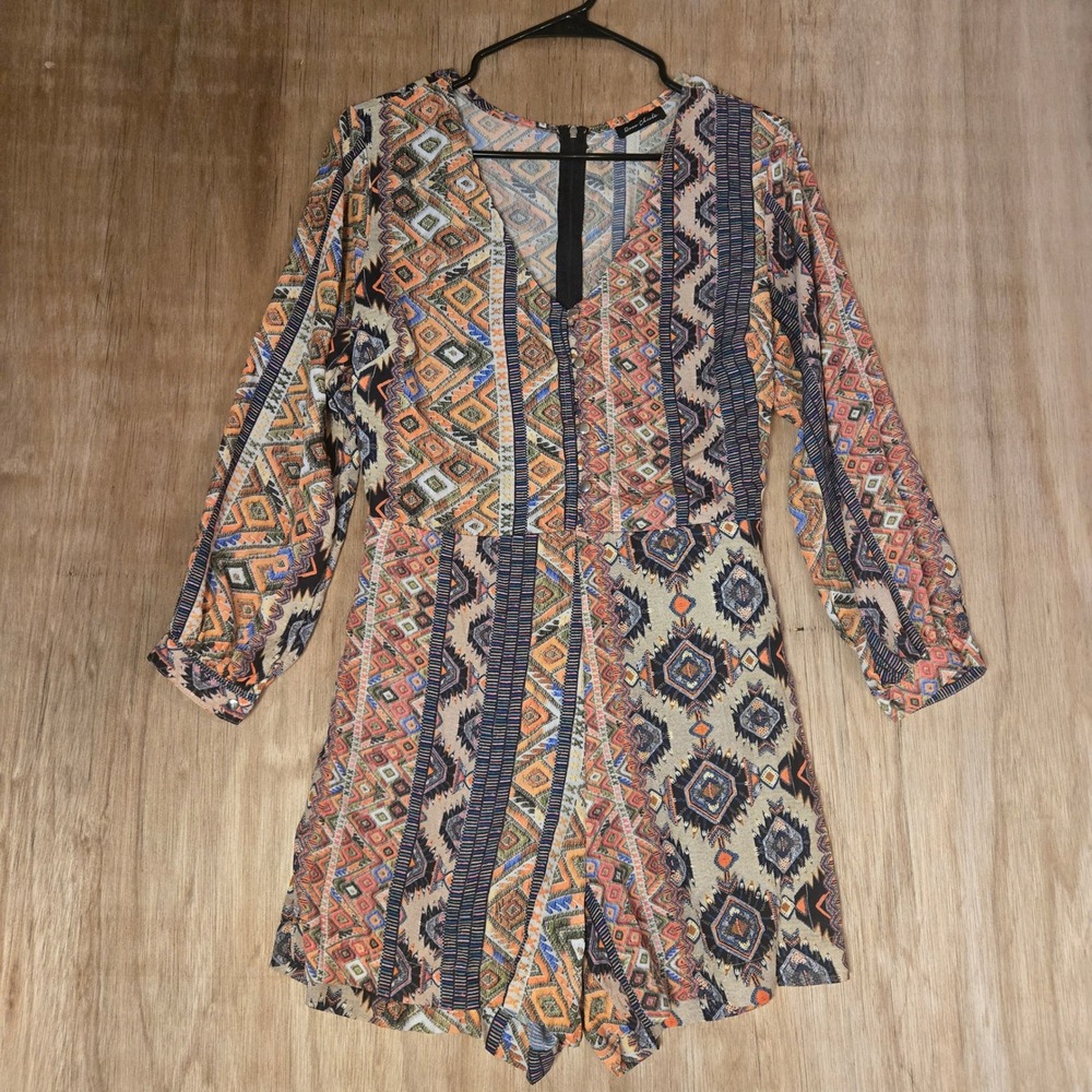 Geometric Tribal Print Long Sleeve Romper Multicolor Size M Rosa Chicle' Boho